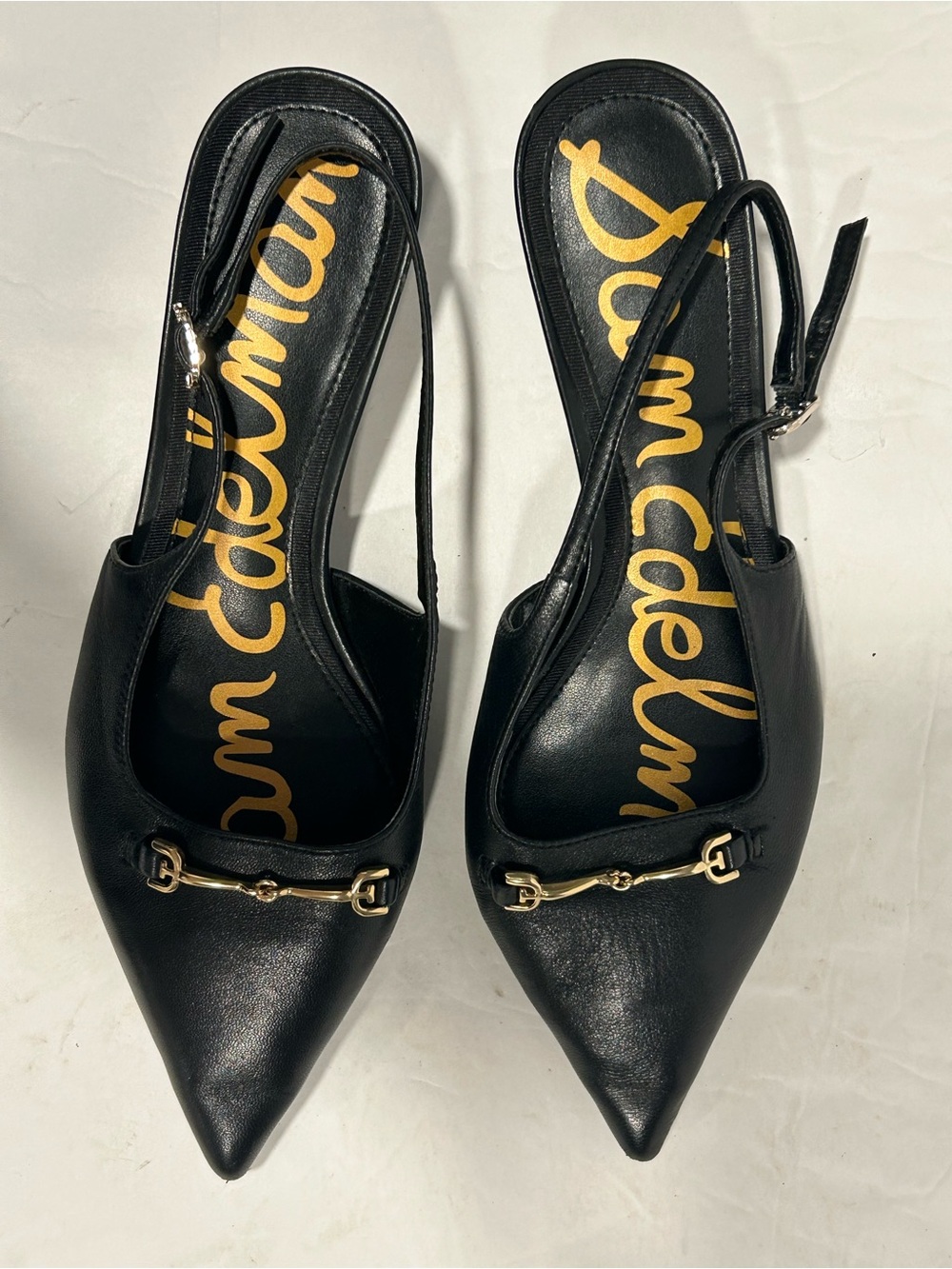Sam Edelman "Farrah" Black Leather Horsebit Slingback Kitten Heels - Size 6W - Picture 5 of 12